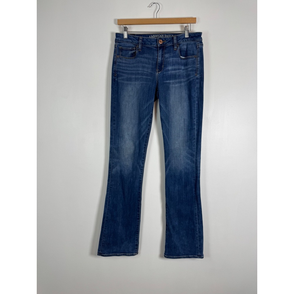 Boho American Eagle Womens 10 Long Skinny Kick Jeans Blue Super Stretch Flare